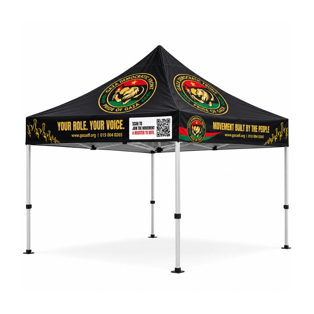 GAZA branded 3 x 3 m gazebo with Gaza Democratic Front emblems and Your role. Your voice.