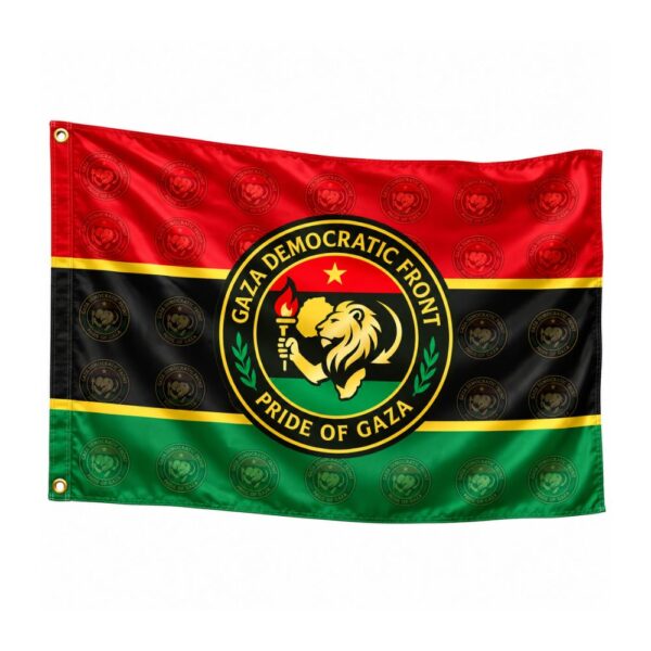 GAZA flag in red, black and green with the Gaza Democratic Front emblem