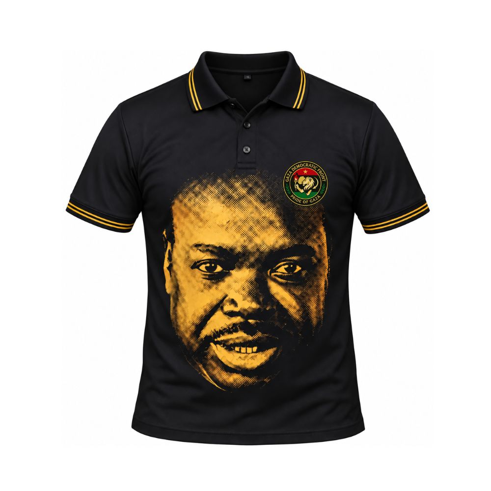 Black GAZA golf polo shirt with gold trim and a gold portrait of President Reason Mthombeni
