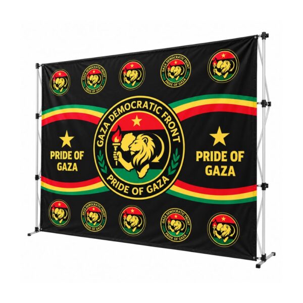 GAZA media backdrop wall banner with Gaza Democratic Front emblems and Pride of Gaza lettering on a display frame