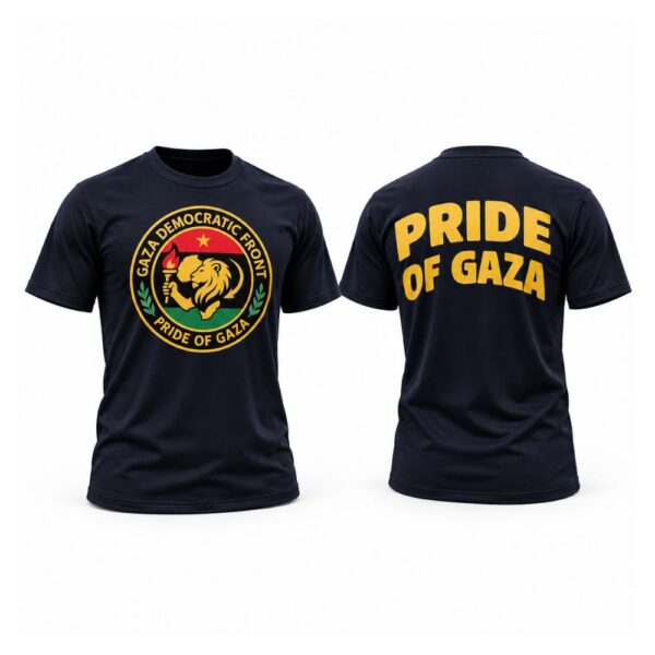 GAZA round-neck T-shirt with the Gaza Democratic Front emblem front and Pride of Gaza back