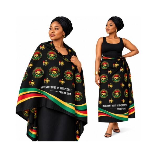 GAZA shawl and wrap skirt with Gaza Democratic Front print, worn two ways