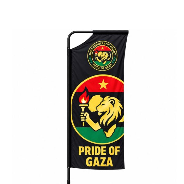 GAZA vertical banner flag with lion and torch emblem and Pride of Gaza